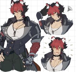 1boy animal_ears black_choker black_jacket blush cargo_pants choker dog_boy ear_piercing flustered hara_(pakarattyo) highres jacket jewelry komano_manato large_pectorals male_focus multicolored_hair muscular muscular_male necklace pants pectorals piercing red_eyes scar scar_on_face smile zenless_zone_zero