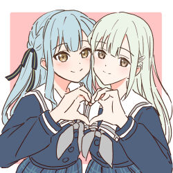 Rule 34 | 2girls, ave mujica (bang dream!), bang dream!, bang dream! it&#039;s mygo!!!!!, blue hair, blue neckerchief, blue serafuku, blue shirt, blue skirt, border, brown eyes, closed mouth, commentary, couple, green hair, hair ornament, hairclip, heart, heart hands, highres, light blush, long hair, long sleeves, looking at viewer, multiple girls, neckerchief, nogreen, pink background, school uniform, serafuku, shirt, sidelocks, skirt, smile, togawa sakiko, tsukinomori school uniform, wakaba mutsumi, white border, yuri