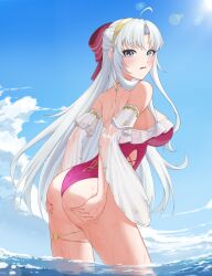 1girl absurdres ahoge ass bare_shoulders blue_eyes blue_sky blush bow breasts carlotta_(wuthering_waves) cloud cowboy_shot day detached_sleeves embarrassed frilled_one-piece_swimsuit frills from_side hair_bow hair_intakes hairband half_updo hands_on_own_ass highres large_breasts leaning_forward lens_flare long_hair long_sidelocks long_sleeves looking_at_viewer looking_to_the_side multicolored_eyes one-piece_swimsuit open_mouth outdoors parted_bangs pink_bow pink_eyes pink_one-piece_swimsuit raised_inner_eyebrows sharly sidelocks skindentation sky solo standing straight_hair striped_bow sun sunlight swimsuit thigh_strap very_long_hair wading water wet white_hair white_sleeves wuthering_waves yellow_hairband