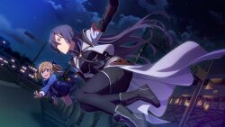 Rule 34 | 2girls, black footwear, black hair, black pantyhose, blonde hair, blue footwear, blue jacket, blue skirt, boots, closed mouth, cosplay, crossover, falling, game cg, grey eyes, jacket, knee boots, long hair, long sleeves, maria traydor, maria traydor (cosplay), multiple girls, night, night sky, official art, open mouth, origami yukari, outdoors, pantyhose, skirt, sky, star ocean, star ocean: anamnesis, toji no miko, toji no miko: kizamishi issen no tomoshibi, twintails, very long hair, welch vineyard