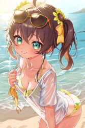 Rule 34 | 1girl, 4kimizuki, absurdres, ahoge, alternate costume, alternate hairstyle, aqua eyes, ass, beach, bikini, bikini under clothes, breasts, brown hair, cleavage, clothes pull, day, earrings, eyewear on head, flower, front-tie bikini top, front-tie top, grin, hair between eyes, hair ribbon, halterneck, highres, hololive, jewelry, leaning forward, looking at viewer, medium breasts, medium hair, natsuiro matsuri, outdoors, print bikini, ribbon, shirt, shirt pull, smile, solo, sunglasses, swimsuit, t-shirt, tan, twintails, virtual youtuber, wet, wet clothes, wet shirt, white shirt, yellow bikini
