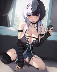 1girl black_choker black_hair black_nails breasts choker cleavage elbow_gloves gloves highres holding holding_scissors hololive hololive_english large_breasts lessone looking_at_viewer multicolored_hair scissors shiori_novella shiori_novella_(1st_costume) single_thighhigh solo split-color_hair striped_clothes striped_gloves thighhighs thighs tongue tongue_out virtual_youtuber white_hair window yellow_eyes