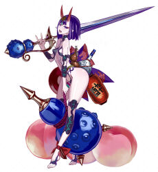 1girl \n/ ankle_ribbon bare_shoulders barefoot barefoot_sandals_(jewelry) blunt_bangs blush bob_cut bottle breasts collarbone cup eyeliner fangs fate/grand_order fate_(series) feet food fruit full_body gourd headpiece highres honjou_raita horns japanese_clothes kimono lantern leg_ribbon legs looking_at_viewer makeup oni open_mouth over_shoulder paper_lantern peach pointy_ears purple_eyes purple_hair purple_kimono red_ribbon revealing_clothes ribbon sakazuki sake_bottle short_eyebrows short_hair shuten_douji_(fate) simple_background skin-covered_horns small_breasts smile solo standing sword sword_over_shoulder tiptoes weapon weapon_over_shoulder white_background