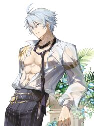 Rule 34 | 1boy, abs, antenna hair, armlet, black necktie, black pants, blue eyes, collared shirt, hashtag-only commentary, highres, honkai: star rail, honkai (series), jewelry, long sleeves, male focus, neck tattoo, necktie, official alternate costume, pants, parted bangs, pectoral cleavage, pectorals, phainon (anan) (honkai: star rail), phainon (honkai: star rail), see-through clothes, see-through shirt, shirt, short hair, simple background, solo, sun symbol, sun tattoo, tan, tattoo, toned, toned male, toriumu, unbuttoned, unbuttoned shirt, wet, wet clothes, wet shirt, white background, white hair, white shirt