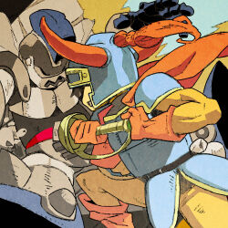 1boy armor belt black_belt blue_tunic brown_pants covered_eyes dragon_quest dragon_quest_i fake_horns fighting from_side full_armor gloves helmet helmet_over_eyes hero_(dq1) holding holding_sword holding_weapon horned_helmet horns knight_abhorrent male_focus open_mouth orange_gloves pants saburou_(sblo) stab sword tunic weapon