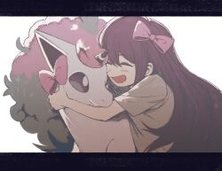 1girl aged_down aubrey_(faraway)_(omori) aubrey_(omori) black_hair blue_shirt blush bow closed_eyes galarian_form galarian_ponyta gen_8_pokemon hair_bow highres letterboxed nintendo o_oquo omori open_mouth pink_bow pokemon pokemon_(creature) shirt short_sleeves simple_background smile solo t-shirt white_background