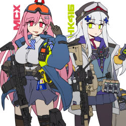 2girls absurdres ammunition anti-materiel_cartridge assault_rifle beach black_headwear blue_jacket blue_skirt breasts brown_gloves brown_pantyhose brown_thighhighs character_name closed_mouth clukay_(neural_cloud) collared_shirt commentary dress_shirt earrings electroshock_weapon explosive facial_mark girls&#039;_frontline girls&#039;_frontline_neural_cloud gloves goggles goggles_on_head goggles_on_headwear green_eyes grenade grenade_cartridge grey_gloves grey_hair grey_jacket grey_shirt gun h&amp;k_hk416 hair_between_eyes hair_ornament hairclip hand_grenade heart heart_earrings highres hk416_(girls&#039;_frontline) holding holding_gun holding_weapon hood hood_down hoodie hugging_object jacket jestami jewelry less-than-lethal_weapon long_sleeves medium_breasts multiple_girls open_clothes open_jacket pantyhose pleated_skirt puffy_long_sleeves puffy_sleeves purple_hoodie red_eyes rifle shirt sig_mcx sig_mcx_(girls&#039;_frontline) simple_background skirt stun_grenade suppressor taser taser_x26 thighhighs weapon white_background