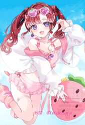 Rule 34 | 1girl, artist name, bikini, breasts, cleavage, eyewear on head, heart, heart-shaped eyewear, highres, hinakisara, leg warmers, long hair, long sleeves, looking at viewer, navel, nijisanji, open mouth, pink bikini, pink leg warmers, purple eyes, red hair, saotome berry, smile, stomach, sunglasses, swimsuit, thigh strap, twintails, twitter username, virtual youtuber