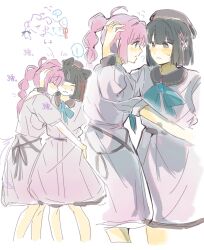 ! ... 2girls 4th_live_dream_~bloom_the_dream_believers~ :&lt; ahoge animalization anyoji_hime aqua_ribbon beret black_hair blue_eyes blunt_bangs blunt_ends blush bob_cut brown_hat closed_eyes closed_mouth collared_dress colored_speech_bubble commentary contrast_collar dated dog dream_believers dress eye_contact flower flower_knot flying_sweatdrops fox green_eyes hair_flower hair_ornament hand_on_another&#039;s_head hat highres hug jitome link!_like!_love_live! long_sleeves looking_at_another love_live! medium_dress momose_ginko multiple_girls multiple_views neck_ribbon nose_blush official_alternate_costume person_and_animalization pink_dress pink_hair puffy_short_sleeves puffy_sleeves ribbon rounded_collar short_hair short_sleeves simple_background speech_bubble spoken_ellipsis spoken_exclamation_mark standing sweatdrop translation_request virtual_youtuber white_background woodonly yuri