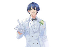 1boy bad_id bad_twitter_id blue_eyes blue_hair bow bowtie flower formal_clothes gloves grey_bow hair_between_eyes handkerchief highres looking_at_viewer male_focus open_mouth original rio simple_background sketch solo suit teeth upper_teeth_only wedding white_background white_flower white_gloves