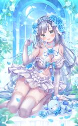 1girl bare_shoulders blue_flower blue_ribbon blush breasts cleavage clothing_cutout collarbone commentary_request dress elbow_gloves flower garter_straps gloves green_eyes grey_dress grey_gloves grey_hair haconect hair_between_eyes hair_flower hair_ornament hairband hand_up highres kneeling large_breasts long_hair looking_at_viewer navel navel_cutout open_mouth ribbon sakura_moyon solo sophie_rose strapless strapless_dress stuffed_animal stuffed_toy teddy_bear thighhighs very_long_hair virtual_youtuber white_hairband white_thighhighs window