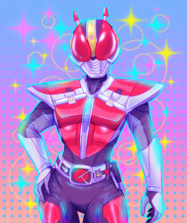 Rule 34 | 1boy, abstract background, angele-darliing, armor, belt, bubble, hand on own hip, helmet, highres, kamen rider, kamen rider den-o, kamen rider den-o (series), mask, masked, masked male, red armor, sparkle, wide hips