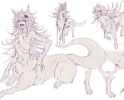 1girl animal_ears arknights centauroid commentary_request hand_on_own_hip highres lappland_(arknights) long_hair looking_at_viewer m10_(lycos_zzz) monochrome monster_girl monsterification multiple_views sharp_teeth simple_background sitting taur teeth very_long_hair white_background wolf_ears wolf_girl