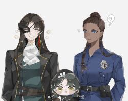 3girls ? ^_^ belt belt_pouch beret black_belt black_coat black_dress black_hair black_hat black_ibis_(reverse:1999) blue_eyes blue_shirt breast_pocket chibi chibi_inset closed_eyes coat cornrows dark-skinned_female dark_skin dress facing_viewer flower green_jacket grey_background grin hair_bun hat highres jacket liang_yue_(reverse:1999) long_hair looking_at_another low_twintails ms_r_r multiple_girls pocket poitier_(reverse:1999) police police_uniform policewoman pouch reverse:1999 shirt smile speech_bubble teacher_and_student teeth thought_bubble twintails upper_body yellow_eyes