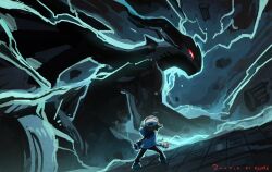 Rule 34 | 1boy, artist name, blue jacket, broken pillar, brown hair, colored sclera, electricity, gen 5 pokemon, highres, hilbert (pokemon), holding, holding poke ball, jacket, kyuare, legendary pokemon, looking at viewer, nintendo, poke ball, poke ball (basic), pokemon, pokemon (creature), pokemon bw, red sclera, zekrom