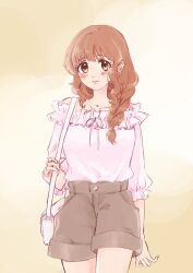 1girl absurdres bag blush braid brown_eyes brown_hair brown_shorts casual cowboy_shot hair_over_shoulder handbag highres hogehogemoji06 holding_strap idolmaster idolmaster_cinderella_girls long_hair looking_at_viewer moroboshi_kirari pink_shirt shirt shirt_tucked_in shorts single_braid solo standing white_bag