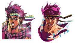 2boys anime_coloring araki_hirohiko battle_tendency blue_headband dual_persona earrings grandguerrilla headband highres jewelry jojo_no_kimyou_na_bouken joseph_joestar joseph_joestar_(young) male_focus multicolored_scarf multiple_boys official_style parody pink_eyes pink_hair pink_scarf purple_hair purple_shirt retro_artstyle scarf shirt striped_clothes striped_scarf traditional_media triangle_print yellow_eyes