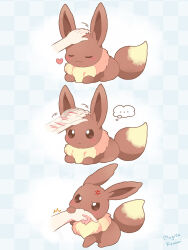 Rule 34 | ..., 1other, :3, anger vein, artist name, biting, biting another&#039;s hand, blue background, blush, brown eyes, checkered background, closed eyes, closed mouth, commentary request, disembodied hand, eevee, fang, gen 1 pokemon, headpat, highres, mugita konomi, nintendo, pokemon, pokemon (creature), speech bubble, spoken ellipsis, thought bubble
