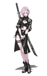 1girl black_boots black_hairband black_jacket black_nails black_skirt boots bow bracelet breasts character_request cleavage cleavage_cutout clothing_cutout copyright_request cross cross_necklace earrings erospanda eyelashes feet full_body hair_bow hair_over_one_eye hairband high-waist_skirt high_heel_boots high_heels highres inverted_cross jacket jewelry katana legs lips looking_at_viewer medium_hair midriff nail_polish necklace open-toe_boots open_clothes open_jacket outside_border parted_bangs pink_eyes pink_hair shadow sheath sheathed side_slit sketch skirt small_breasts solo standing sword thigh_strap toenail_polish toenails toes weapon weapon_on_back