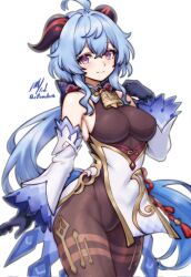 1girl ahoge artist_name bare_shoulders bell black_leotard blue_gloves blue_hair blush bodystocking bodysuit bow breasts brown_pantyhose clothes_lift detached_sleeves ganyu_(genshin_impact) genshin_impact gloves gold_trim groin highres horns jewelry legs_together leotard leotard_under_clothes long_hair looking_at_viewer low_ponytail medium_breasts neck_bell pantyhose pelvic_curtain pelvic_curtain_lift ponytail purple_eyes red_rope rope rotomdocs sideboob sidelocks smile solo standing tassel thighlet thighs waist_cape white_background white_sleeves
