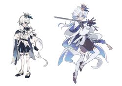 1boy absurdres bad_link bad_tag belt black_gloves blue_eyes bow bowtie brooch cape crown dynamic_pose epaulets feathers fur_collar gloves hair_ornament highres holding holding_sword holding_weapon jewelry messy_hair military_uniform multiple_views namiki_itsuki original reference_sheet short_hair shorts solo star_motif sword tassel thighhighs weapon white_background white_hair