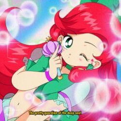 1990s_(style) 1girl ;o adapted_costume animification aqua_bow aqua_shirt aqua_skirt ariel_(disney) bad_id bad_twitter_id belt bishoujo_senshi_sailor_moon blue_background bow bowtie bracelet bright_pupils bubble choker commentary cowboy_shot cropped_shirt dot_nose earrings english_commentary english_text expressionless eyelashes facial_tattoo fake_screenshot faux_retro_artstyle film_grain finger_to_cheek green_bow green_bowtie green_choker green_eyes hair_bow heart heart_tattoo holding holding_wand honeymoonpetal jewelry light_blush lips long_hair looking_at_viewer magical_girl midriff navel one_eye_closed parody parted_lips pink_lips puffy_short_sleeves puffy_sleeves purple_belt red_hair retro_artstyle see-through_clothes see-through_shirt see-through_skirt see-through_sleeves shell shell_earrings shirt short_sleeves skirt skirt_set solo sparkle style_parody swept_bangs tareme tattoo the_little_mermaid_(disney) very_long_hair wand white_pupils