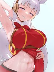 1girl absurdres animal_ears arm_up armpits bow breasts clothes_lift commentary english_commentary gold_ship_(umamusume) grey_hair grin highres horse_ears horse_girl katosh large_breasts lifting_own_clothes long_hair navel pink_eyes red_bow red_shirt shirt shirt_lift sleeveless sleeveless_shirt smile solo sweat teeth toned toned_female umamusume