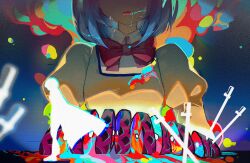 2girls absurdres blood blood_on_face blue_background blue_blood blue_hair bow bowtie cape chinese_commentary commentary_request dual_persona explosion facing_viewer head_out_of_frame highres jacket kong_tiao_bo_zi long_sleeves mahou_shoujo_madoka_magica mahou_shoujo_madoka_magica_(anime) miki_sayaka mitakihara_school_uniform multiple_girls open_mouth planted planted_sword planted_weapon puffy_long_sleeves puffy_sleeves red_bow red_bowtie school_uniform short_hair silhouette size_difference sliced_meat standing stylized_blood surreal sword tears upper_body weapon yellow_jacket