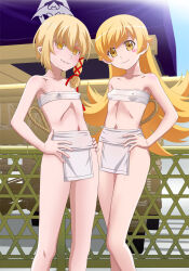 2girls bakemonogatari blonde_hair covered_erect_nipples deathtopia_virtuoso_suicide-master fundoshi highres japanese_clothes jitome long_hair looking_at_viewer medium_hair monogatari_(series) multiple_girls navel oshino_shinobu smile tooo yellow_eyes