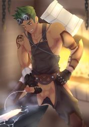 1boy aiden_flynn camp_buddy cum ejaculation erection fire gloves goggles green_hair hand_on_penis highres male_focus masturbation mikkoukun muscular one_eye_closed orgasm penis penis_grab solo steam sweat sword tattoo testicles weapon