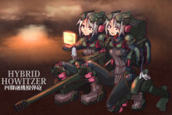 2girls armor backpack bad_id bad_pixiv_id bag bodysuit cannon cyborg mecha_musume military multiple_girls original randoseru sigama