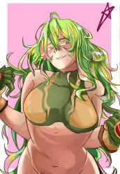 1girl bare_shoulders blush boku_no_hero_academia breasts deku&#039;s_photo_of_hagakure_toru drawgatha gloves green_eyes green_hair hagakure_toru large_breasts long_hair looking_at_viewer messy_hair narrowed_eyes navel no_panties official_alternate_costume pointing pointing_at_self smile solo very_long_hair