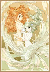2girls artist_name big_hair blush border breasts brown_background brown_border closed_mouth commentary_request curly_hair english_text gradient_background green_eyes green_hair groin korean_commentary long_hair medium_breasts multiple_girls navel nude nymphclub orange_eyes orange_hair pale_skin popcorn_kang very_long_hair watermark web_address