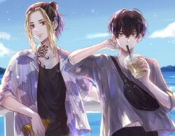 2boys absurdres arm_up bag bell black_hair black_pants black_shirt blonde_hair blue_eyes bottle closed_mouth collarbone cowboy_shot cup day drinking_straw drinking_straw_in_mouth earrings grey_shirt hair_between_eyes hair_bun hair_pulled_back hanemiya_kazutora highres holding holding_bottle holding_cup jewelry male_focus matsuno_chifuyu medium_hair multicolored_hair multiple_boys neck_tattoo outdoors pants razu_re0824 shirt short_hair short_sleeves shoulder_bag single_earring smile standing tattoo tokyo_revengers two-tone_hair yellow_eyes