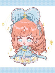 1girl ankle_ribbon argyle_border argyle_clothes argyle_sleeves back_bow blue_bonnet blue_border blue_bow blue_bowtie blue_dress blue_eyes blue_ribbon blue_shoes blue_sleeves blush bonnet border bow bowtie chibi chinese_commentary commentary_request curly_hair detached_sleeves dotted_line dress drill_hair eyelashes fortissimo frilled_dress frilled_headwear frilled_sleeves frills gown hair_bow hair_ornament hair_ribbon happy highres infinity_nikki knees layered_sleeves leg_ribbon letterboxed long_dress long_hair long_sleeves looking_at_viewer musical_note musical_note_hair_ornament musical_staff nikki_(series) open_mouth orange_hair puffy_short_sleeves puffy_sleeves ribbon see-through_clothes see-through_dress shendu_youyu shoes short_over_long_sleeves short_sleeves sidelocks sleeves_past_wrists smile socks solo standing strapless strapless_dress timeless_melody_(infinity_nikki) treble_clef very_long_hair wavy_hair white_background white_ribbon white_sleeves white_socks