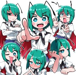 1girl :d akanbe anger_vein antennae black_cape blush bright_pupils cape closed_mouth collared_shirt commentary_request embarrassed expressionless eyelid_pull frown green_eyes green_hair grin highres index_fingers_together long_sleeves looking_at_viewer multiple_expressions multiple_views nervous_sweating nose_blush open_mouth red_cape shaded_face shirt short_hair simple_background smile solidus_(sword_cube) sweat tongue tongue_out touhou two-sided_cape two-sided_fabric upper_body white_background white_pupils white_shirt wriggle_nightbug