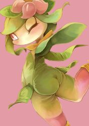 1girl absurdres arm_up ass blush colored_sclera colored_skin dutch_angle female_focus flat_chest flower from_behind green_hair green_leotard green_skin hair_flower hair_ornament highres hisuian_lilligant leaf leg_up leotard looking_at_viewer looking_back monster_girl multicolored_skin nintendo no_mouth one_eye_closed outstretched_arm pink_background pink_flower pink_sclera pink_skin plant_girl pokemon pokemon_(creature) redtrain short_hair sidelocks simple_background solo standing standing_on_one_leg strapless strapless_leotard swept_bangs thighs white_eyes white_skin wink