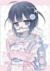1girl 2000s_(style) ahoge aiiares bag_charm bandaid blue_bag blue_eyes blue_hair cameo cat character_charm charm_(object) child commentary commission faux_retro_artstyle food fruit glasses heisei_retro highres jacket kaomoji korilakkuma long_sleeves looking_at_viewer onigiri original pink_jacket san-x school_uniform serafuku short_hair solo strawberry stuffed_animal stuffed_toy symbol-only_commentary tamagotchi tamagotchi_(virtual_pet) tamagotchi_on teddy_bear track_jacket two_side_up upper_body watermark