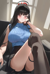 1girl absurdres alternate_color ass black_hair black_halo black_skirt black_socks bllustration blue_archive blue_sweater blush breasts bright_pupils crossed_legs feet_out_of_frame halo highres large_breasts long_hair looking_at_viewer red_eyes rio_(blue_archive) sitting skirt sleeveless sleeveless_turtleneck socks solo sweater thigh_strap thighs turtleneck turtleneck_sweater watch white_pupils wristwatch