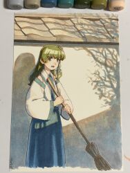 1girl art_tools_in_frame blue_skirt broom collared_shirt detached_sleeves frog_hair_ornament green_eyes green_hair hair_ornament highres holding holding_broom kochiya_sanae marker_(medium) medium_hair open_mouth shado_(ufo) shadow shiratama_(hockey) shirt single_sidelock skirt sleeveless sleeveless_shirt smile snake_hair_ornament tile_roof touhou traditional_media tree_shade wall white_shirt wide_sleeves