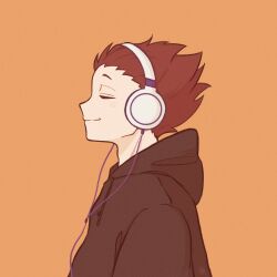 1boy adam&#039;s_apple black_hoodie brown_hair closed_eyes closed_mouth commentary_request drawstring haikyuu!! headphones highres hood hood_down hoodie male_focus natade_kou09 orange_background profile short_hair simple_background smile solo tendou_satori upper_body