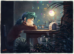 1girl artist_logo beamed_quavers chair crotchet_rest desk desk_lamp female_focus flower green_hair hatsuseno_alpha lamp logo musical_note night ponytail purple_eyes quaver radio sitting slice_of_life solo tarou_(oyonu) tarou_(pixiv11250752) yokohama_kaidashi_kikou