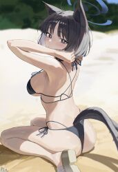1girl absurdres animal_ears arms_up ass back bikini black_bikini black_hair blue_archive blue_halo breasts cat_ears cat_tail day from_behind full_body halo highres kikyou_(blue_archive) kikyou_(swimsuit)_(blue_archive) large_breasts looking_back outdoors p1n sand sandals sitting solo swimsuit tail wariza