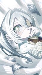 1girl absurdres bags_under_eyes black_necktie blurry blurry_background bouquet bush collared_shirt depth_of_field eyepatch flower hair_intakes hand_on_own_cheek hand_on_own_face hat hatsune_miku head_tilt highres holding holding_bouquet jacket long_hair long_sleeves looking_at_viewer looking_up medical_eyepatch monitoring_(vocaloid) necktie parted_lips pillar ringed_eyes rose shirt sidelocks solo standing twintails upper_body very_long_hair vocaloid wawasuke white_flower white_hat white_jacket white_rose