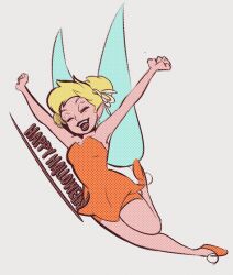 1girl bare_shoulders blonde_hair breasts bumble_tmnt dress fairy fairy_wings green_dress hair_bun highres mini_person minigirl orange_dress pointy_ears short_hair single_hair_bun smile solo strapless strapless_dress tinker_bell_(disney) walt_disney&#039;s_peter_pan wings