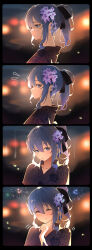 1girl absurdres black_ribbon blue_eyes blue_hair blush closed_eyes closed_mouth floral_print floral_print_kimono flower from_side hair_flower hair_ornament hair_ribbon highres hololive hoshimachi_suisei japanese_clothes kimono looking_ahead looking_at_viewer parted_lips ponytail print_kimono purple_flower purple_kimono ribbon smile solo tanishi_(hetianming11093) upper_body virtual_youtuber