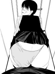 1boy 1girl ass blush chainsaw_man commentary_request dress fourth_east_high_school_uniform fujimoto_tatsuki_(style) greyscale highres long_sleeves looking_back monochrome nanami_toga panties pinafore_dress pov scar scar_on_face school_uniform shirt sleeveless sleeveless_dress underwear yoru_(chainsaw_man)