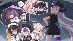 +_+ ahoge animal_ears belt botda car card fang fence flirting gambling gloves grey_hair grin hakui_koyori hakui_koyori_(1st_costume) hand_on_own_hip hat heart highres hololive horns la+_darknesss lion_ears long_hair motor_vehicle one_eye_closed oozora_subaru oozora_subaru_(police) pink_hair playing_card pointy_ears police police_hat police_uniform purple_eyes purple_hair shaded_face shishiro_botan shishiro_botan_(button-down) skin_fang smile spoken_heart tokoyami_towa tokoyami_towa_(1st_costume) twintails very_long_hair virtual_youtuber white_gloves wolf_ears yellow_eyes