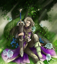 1boy 6+others androgynous belt blue_eyes blue_flower boots brown_belt brown_hair brown_pants commentary_request dragon_quest dragon_quest_xi erdrick&#039;s_sword floating_hair flower full_body grass green_boots grey_shirt hero_(dq11) highres holding holding_sheath kanikajika knee_up leaf looking_at_another looking_to_the_side medium_hair multiple_others on_grass pants parted_hair purple_tunic sheath sheathed shirt sitting tockle_(dq11) tree tunic yocchi_(dq_xi)