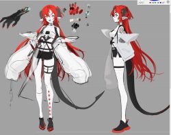 1girl :d black_shorts blue_eyes bra claws collar cow_horns curtained_hair fingernails full_body head_tilt highres horns jacket jacket_partially_removed leg_belt long_fingernails long_hair looking_at_viewer multiple_views open_mouth original oversized_clothes pointy_ears red_hair reference_sheet short_shorts shorts single_leg_pantyhose smile stomach strap tail underwear very_long_hair white_bra yoimon